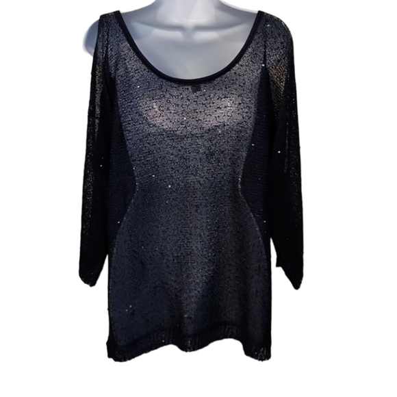 boston Proper Mesh Sequin Slit Arm Keyhole Front Top - Picture 4 of 8